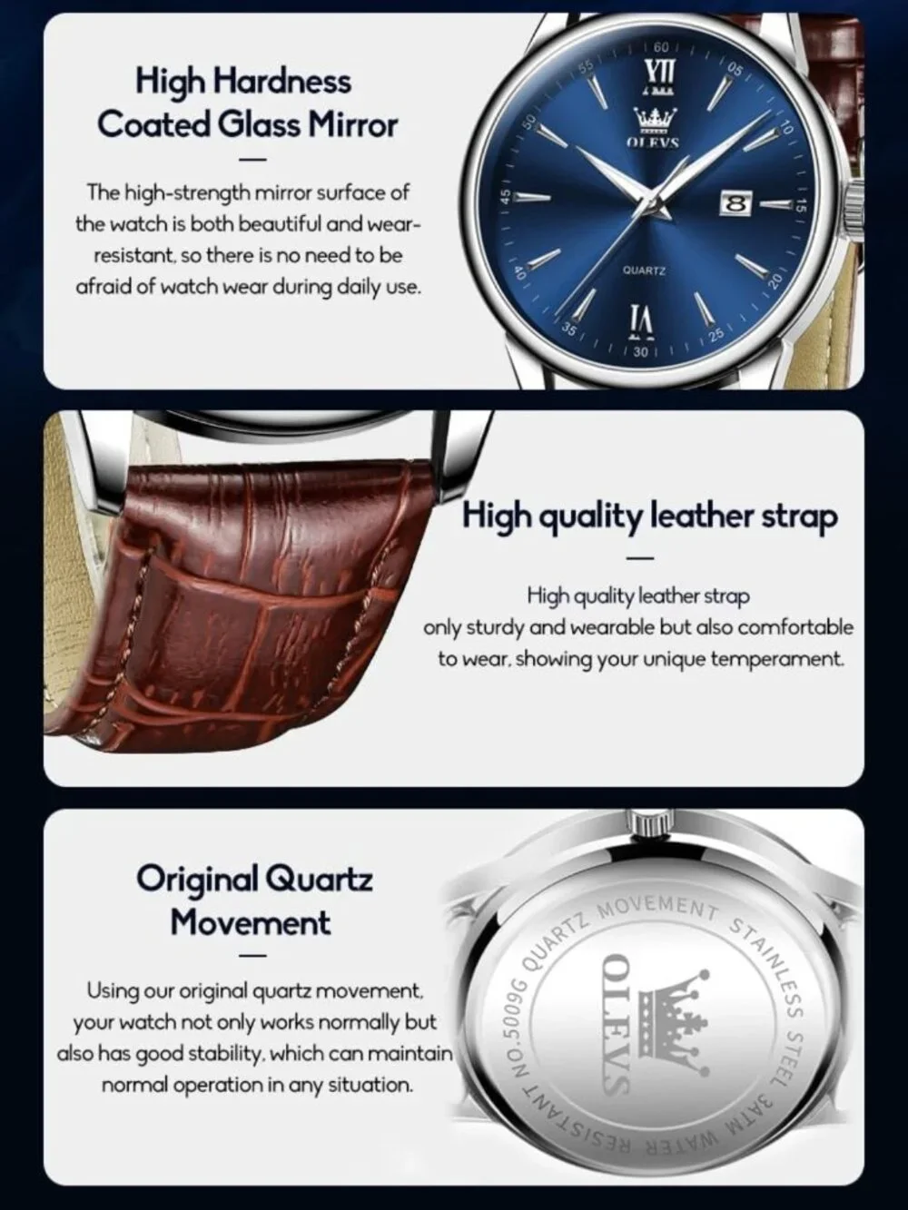Classic Men's Leather Watch - Large Dial, Easy Read, Waterproof Quartz Timepiece